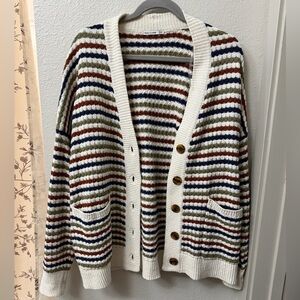 Pink Clover Striped Knit Cardigan in Cream, Brown, Navy & Olive Size XL